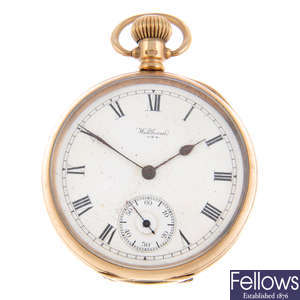 A 9ct yellow gold open face pocket watch by Waltham.