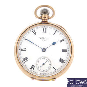 A 9ct yellow gold open face pocket watch by Waltham.