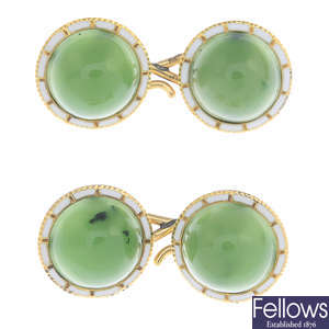 A pair of early 20th century 15ct gold jade and enamel cufflinks.