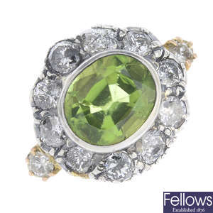 A peridot and diamond cluster ring.