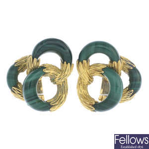 MELLERIO - a pair of mid 20th century 18ct gold malachite earrings.