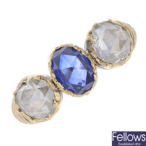 A late Victorian gold sapphire and diamond three-stone ring.