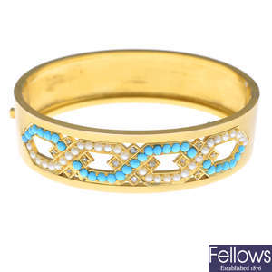 A late Victorian 15ct gold turquoise, split pearl and diamond hinged bangle.