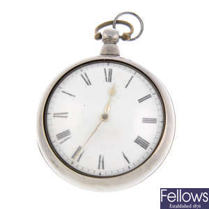 A silver pair case pocket watch by Tanner.