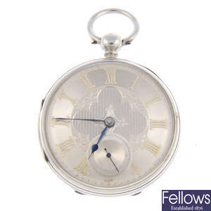 A silver open face pocket watch by M. & A. Cameron with another silver pocket watch.