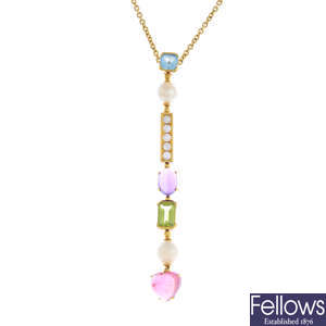 BULGARI - an 18ct gold diamond, tourmaline, peridot, amethyst, topaz and cultured pearl 'Allegra' necklace.
