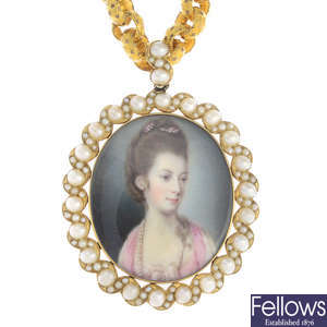 A Georgian portrait miniature, with later mount and Georgian 18ct gold chain.