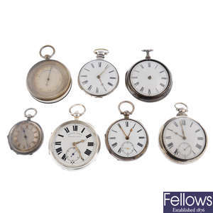 A group of six assorted pocket watches and a pocket barometer.