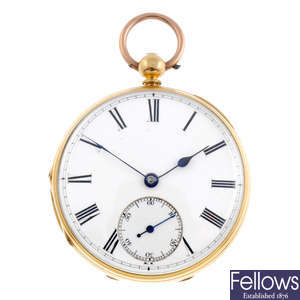 An 18ct yellow gold open face pocket watch by J. Hayward.