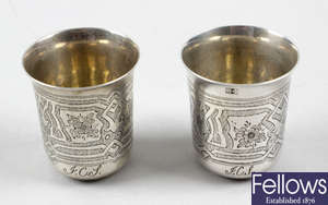 A near pair of mid-nineteenth century Russian silver shot cups.