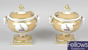 A pair of Flight Barr and Barr small pedestal twin handled tureens and covers.