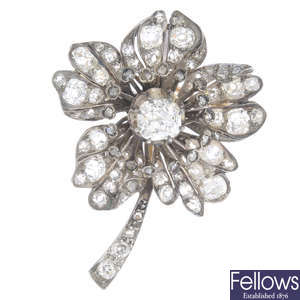 A late Victorian silver and gold diamond floral brooch.