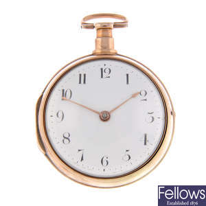 An 18ct yellow gold pair case pocket watch by Sarah Eyre Jackson.