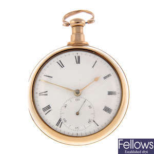 A yellow metal pair case pocket watch by Peter & M. Master.