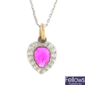 A Burmese ruby and diamond heart pendant, with chain.