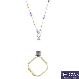 A pair of 18ct gold, amethyst, diamond and rock crystal lorgnettes, with amethyst, rock crystal and imitation seed pearl chain.