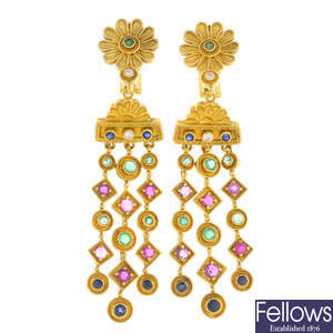 ILIAS LALAOUNIS - a pair of 18ct gold sapphire, ruby, emerald and diamond earrings.