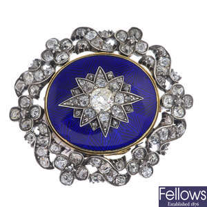 An early Victorian silver and gold, diamond and enamel brooch.