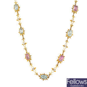 A mid 19th century 14ct gold pink topaz, aquamarine and split pearl necklace, convertible into a choker and a necklace.