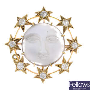 A late Victorian gold moonstone man-in-the-moon and diamond star brooch.