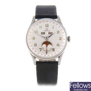 OMEGA - a gentleman's stainless steel triple-date wrist watch.
