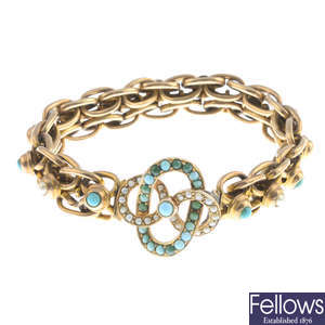 An early 20th century 9ct gold turquoise and split pearl bracelet.