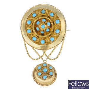 A late Victorian gold turquoise brooch.