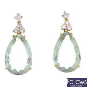 KIKI MCDONOUGH - a pair of 18ct gold prasolite and diamond earrings.