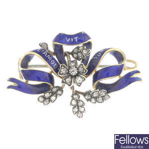 A silver and 18ct gold, enamel and diamond brooch.