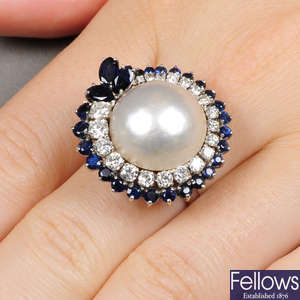 A mid 20th century gold mabe pearl, diamond and sapphire ring.