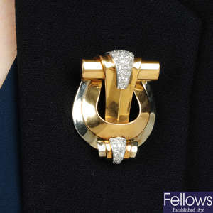 A mid 20th century 18ct gold and platinum diamond stylised buckle brooch.