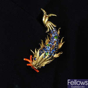 A gold, sapphire, demantoid garnet and enamel 'Dauphin' brooch, designed by Jean Schlumberger for Tiffany & Co.