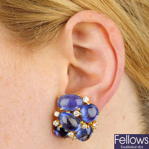A pair of Sri Lankan sapphire and brilliant-cut diamond earrings.