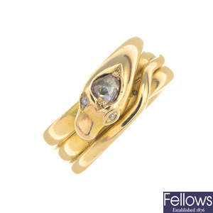 A late Victorian 18ct gold diamond snake ring.