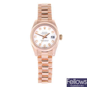 ROLEX - a lady's 18ct Everose gold Oyster Perpetual Datejust bracelet watch.