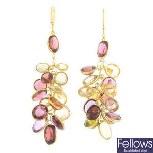 A pair of gem-set earrings, to include amethysts, garnets, blue topaz and tourmalines.