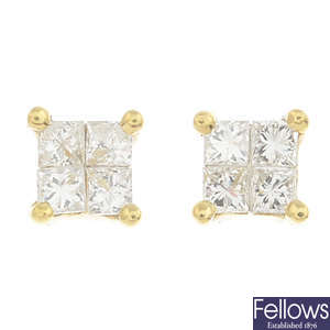 A pair of square-shape diamond cluster stud earrings.