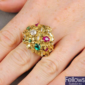 An 18ct gold ruby, emerald and diamond ring.