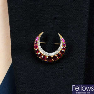 A late Victorian cushion-shape ruby and old-cut diamond crescent brooch.