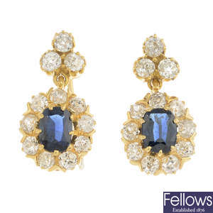 A pair of sapphire and old-cut diamond cluster earrings.