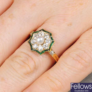 An early 20th century Austrian gold, pearl, circular-cut diamond and calibre-cut emerald ring.