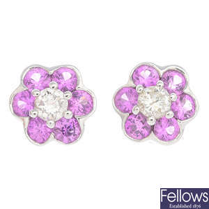 A pair of 18ct gold pink sapphire and diamond floral cluster earrings.