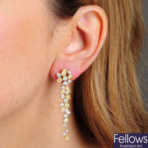 A pair of vari-cut 'yellow' diamond and diamond floral articulated earrings.