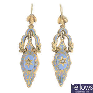 A pair of mid Victorian gold, enamel and split pearl earrings, circa 1860.