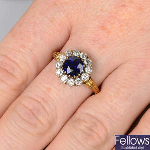 An early 20th century gold, sapphire and old-cut diamond cluster ring.