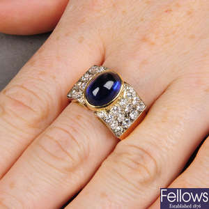 A 1940s 18ct gold sapphire cabochon and diamond dress ring.