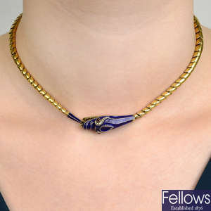 An early Victorian gold, blue enamel, diamond and garnet snake necklace.