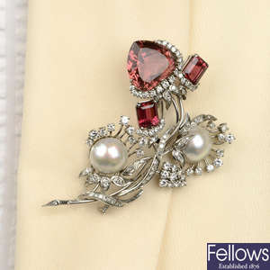 A mid 20th century pink tourmaline, mabe pearl and diamond floral brooch.