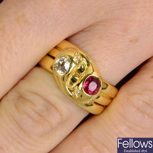 A red spinel and old-cut diamond snake ring.