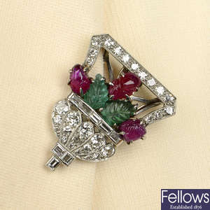 An Art Deco emerald, ruby and diamond 'Tutti-Frutti' brooch.